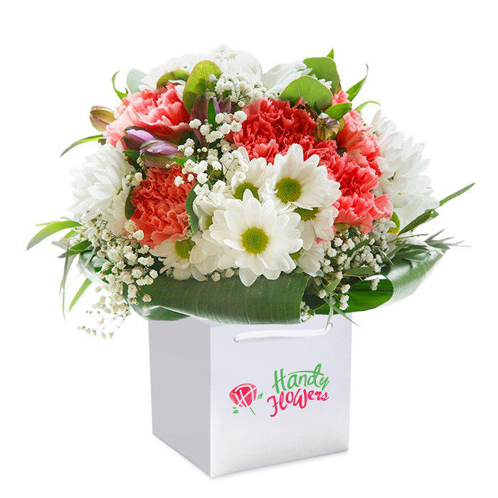 Expertly composed by the local florists in Lee, this cheerful arrangement stands tall in a clean, modern white gift bag, the perfect vessel for gifting. The bouquet unfolds with plush coral-orange and deep red carnations, their ruffled petals layered like delicate tissue, creating a sense of lavish fullness. Accentuating their warmth, crisp white daisies with glowing lime-green centers bring a welcome contrast and evince the garden-fresh charm that's so valued along Lee's winding avenues. Threads of white baby's breath meander through the arrangement, lending buoyancy and a touch of softness. Hidden among the blooms, a few buds with whispers of lavender or mauve appear, hinting at the unfolding stories of a new day. A ring of broad, glossy green leaves wraps the base, providing not only structure, but that lush, green backdrop reminiscent of the mature trees in Manor Park. The white bag, with sturdy handles for easy carrying, situates the bouquet as an ideal gift for birthdays, thank-yous, or joyful family celebrations. Set before a seamless white background, every hue and petal detail stands vivid and radiant, highlighting the bouquet's freshness, seasonal vibrancy, and the attentive craftsmanship Lee Florist brings to every arrangement in the neighbourhood.
