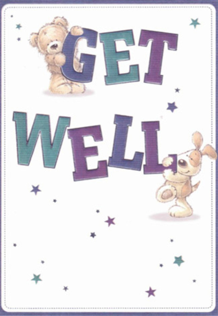 A heartfelt scene unfolds on this get well card, where the playful companionship between a soft bear and a floppy-eared pup is celebrated through vibrant illustration. Swirling stars in aquas and purples seem to scatter well wishes across the creamy white background, their twinkle recalling magical evenings enjoyed near Lee's parks or bustling local shops. The oversized, cheerful typography in bold purples and teals anchors the composition, its tactile shading mirroring the joy of handling fresh blooms at a florist's bench. Textures leap off the page-the bear's fluffy coat, the velvety softness of the puppy's ears-inviting the imagination to touch, just as one might absent-mindedly stroke the petals of a newly delivered bouquet. This gentle, thoughtful card is perfect for pairing with a custom floral arrangement from Lee Florist, embodying the tradition of expressing care and support throughout the neighbourhood. The mood is light and sincere, promising a sense of well-being and a reminder that kindness flourishes here in Lee.
