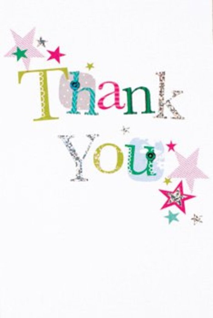 With graceful artistry, this thank you card offers an understated yet quietly joyful expression that would feel perfectly at home in the elegant surrounds of Lee's Edwardian terraces. Each letter of the message is uniquely styled-some whimsical with playful spots and flowing curves, others refined and almost musical in their rhythm-painted in the kind of vibrant pinks, turquoises, and silvers one might see in Lee's colourful front gardens come spring. Clusters of vibrant stars frame the message, their twinkling presence reminiscent of distant fairy lights strung above a gathering on Handen Road. The composition is airy and modern, unfurling across a backdrop of crisp white card, lending a sense of relaxed calm and balanced vibrancy. There is sophistication here-not fussy or reserved, but open and heartfelt, inviting the recipient to pause and feel genuinely appreciated. This card would perfectly accent a lush bouquet prepared at Lee Florist for any occasion, echoing the natural warmth and friendly spirit that defines our welcoming SE12 community.