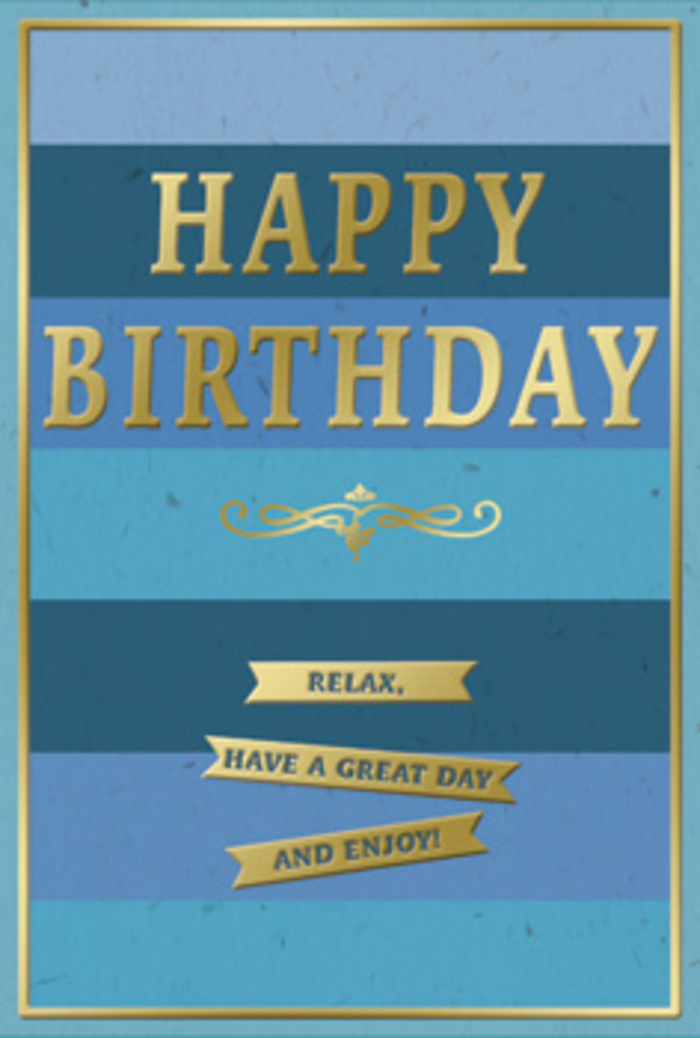 This tasteful birthday card combines a soothing palette of blues with rich gold lettering, creating a mood of quiet festivity that would feel at home in any Lee living room. The base of the design is a series of wide, horizontal blue stripes that run from one edge of the card to the other. The stripes shift in tone as they descend: a deep, almost midnight navy sits at the top, followed by progressively lighter shades-denim, teal, and a soft, powdery blue closer to the bottom. The transitions between these colours are smooth and balanced, evoking the calm of a clear sky gradually brightening over the rooftops around Lee. In the middle of this serene backdrop, the phrase "HAPPY BIRTHDAY" takes centre stage in large, embossed gold letters. The font is clean and confident, and the metallic finish adds a gentle shimmer that suggests movement as light plays across the surface. The raised lettering indicates quality card stock and careful printing, giving the impression of something thoughtfully chosen rather than hurriedly picked up. Just beneath the main greeting, a refined golden flourish stretches out in a gentle curve, serving as a visual pause and adding a hint of classic elegance. Below this flourish, three slender gold banners are positioned one under another, neatly aligned in the lower section of the card. Embossed inside these banners is a simple but heartfelt trio of instructions: "Relax, have a great day and enjoy!" The banners are also gilded and slightly raised, echoing the main title. A narrow gold border outlines the card's edges, framing the design like a small piece of artwork. Paired with a hand-tied bouquet delivered locally around Lee, this card offers a composed, heartfelt way to wish someone a birthday filled with ease and pleasure.