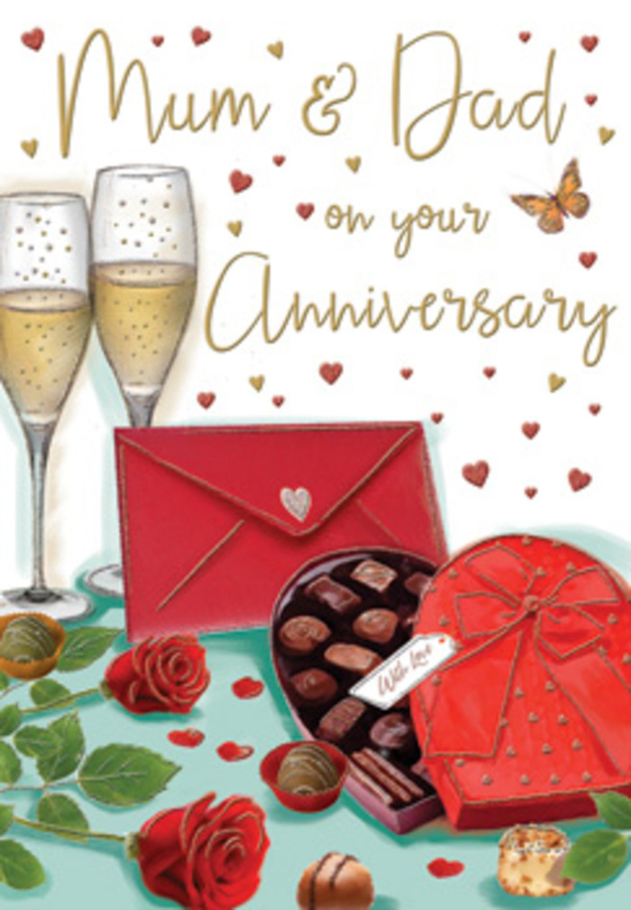 Warm, detailed anniversary card artwork depicting a romantic arrangement that could easily sit on a dining table in Lee, set for Mum and Dad's special evening. The upper part of the design is dominated by two tall champagne flutes, crystal-clear and refined, filled with golden fizz that catches subtle highlights, creating a sense of sparkling movement inside the glass. Their bases touch lightly, suggesting closeness and unity. Below them, in the foreground, a heart-shaped box of chocolates in deep crimson-red is shown partially open, its lid decorated with a sumptuous satin bow whose loops curl softly to one side, like a flourish added by a skilled gift wrapper at a local florist near Lee Station. Inside the box, neat rows of truffles and chocolates are arranged with care, their surfaces smooth and inviting. Lying gracefully at the front are two velvety red roses, stems trimmed short, petals rich and full as if freshly cut from a bouquet destined for a family home off Dacre Park. Their lush crimson hue is echoed by a scarlet envelope resting close by, sealed and slightly overlapping the chocolates, suggesting a personal, handwritten note addressed to "Mum & Dad." Surrounding these central elements, a scattering of gold and crimson hearts floats across the scene, some softly blurred to create depth, others sharp and gleaming like tiny pieces of foil confetti. The background washes in warm cream and soft peach, adding a cosy, lamplit feel, reminiscent of quiet evenings spent at home reminiscing over shared memories. Together, the roses, champagne, chocolates, and envelope form a tender tableau, celebrating not just an anniversary date but the many gentle moments that have filled a life built side by side.