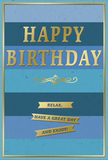 The birthday card shown here presents a beautifully calm and polished design, with cool blue layers and gleaming gold that captures the feeling of a thoughtful celebration in Lee. The background is formed from wide, horizontal stripes that gently shift in shade from top to bottom. At the top, a deep navy band offers a sense of depth and formality, gradually easing into mid-blues and teal, before reaching a soft, airy blue at the base. The stripes blend smoothly into one another, creating a tranquil ombre effect that feels as restful as a quiet walk through a local Lee park on a clear day. In the centre of these soothing hues, the words "HAPPY BIRTHDAY" stand out in bold, embossed gold. The metallic foil is bright but not harsh, catching the light with a subtle sheen that suggests movement whenever the card is turned. The letters are raised, adding a tactile richness that hints at quality and care in its making. Just beneath the main greeting, a delicate golden flourish curls gracefully, separating the headline from the words below and lending a classic, slightly romantic touch to the design. Lower down on the card, three narrow gold banners are neatly stacked. Each banner holds part of a warm, inviting wish: "Relax, have a great day and enjoy!" These banners mirror the embossed gold of the central phrase, giving the composition a sense of unity. A slim gold border encircles the entire design, finishing it with a clean, framed edge. Positioned beside a vase of fresh birthday blooms delivered throughout Lee, the card would convey calm joy, kindness, and a gentle reminder to savour the day.